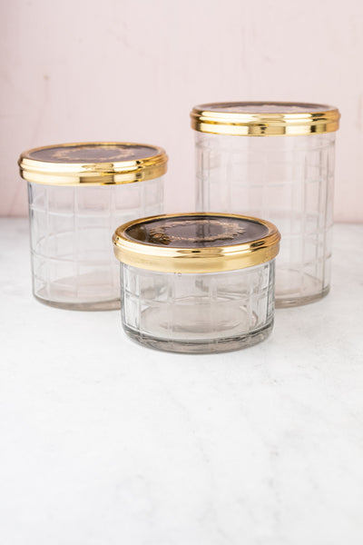 Brass & Enamel Glass Vanity Jar Trio