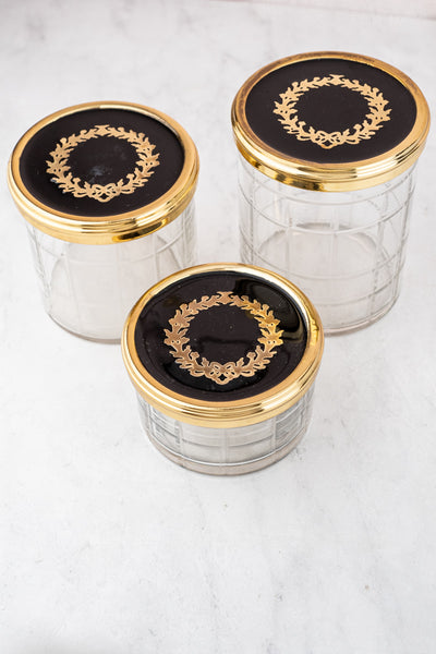 Brass & Enamel Glass Vanity Jar Trio