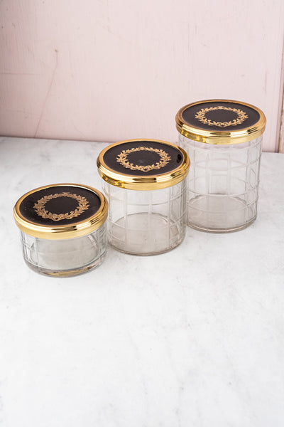 Brass & Enamel Glass Vanity Jar Trio