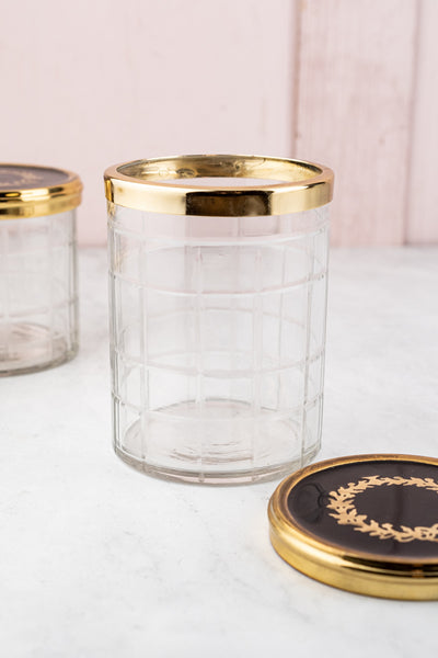 Brass & Enamel Glass Vanity Jar Trio