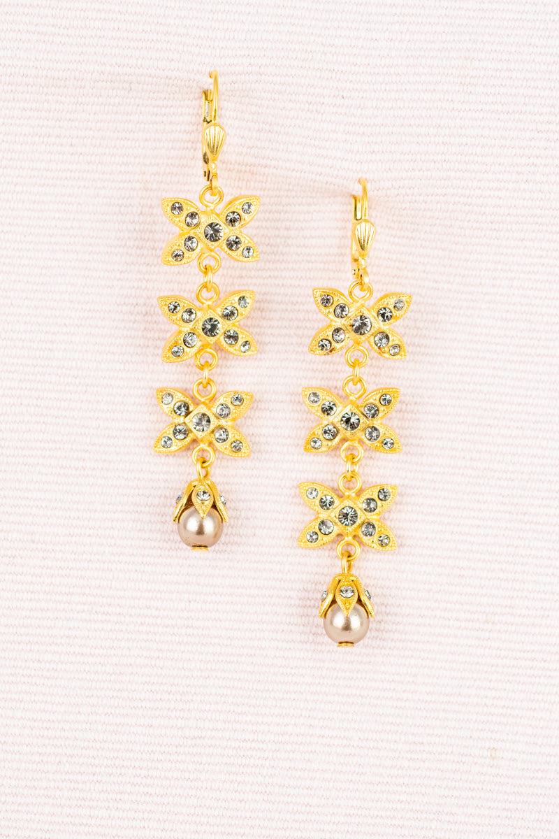 Cascading Crystal and Pearl Floral Earrings