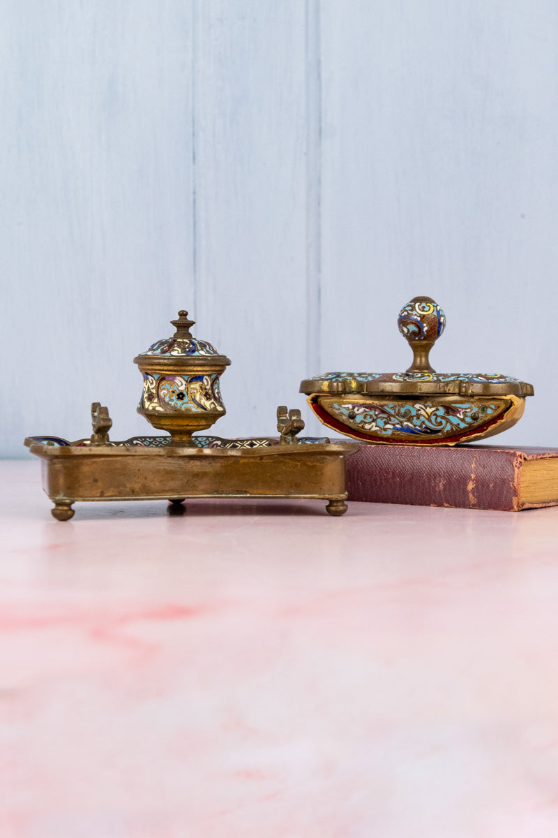Antique French Champlevé Desk Set