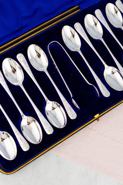 Edwardian 1905 Sterling Silver Teaspoon Set - Boxed Set of 12