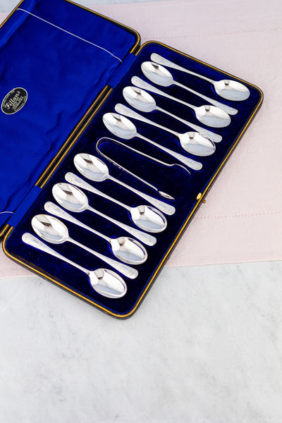 Edwardian 1905 Sterling Silver Teaspoon Set - Boxed Set of 12