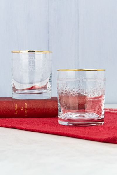 Gold Rim Etched Rocks Glass - Set of 2