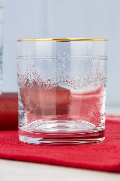 Gold Rim Etched Rocks Glass - Set of 2