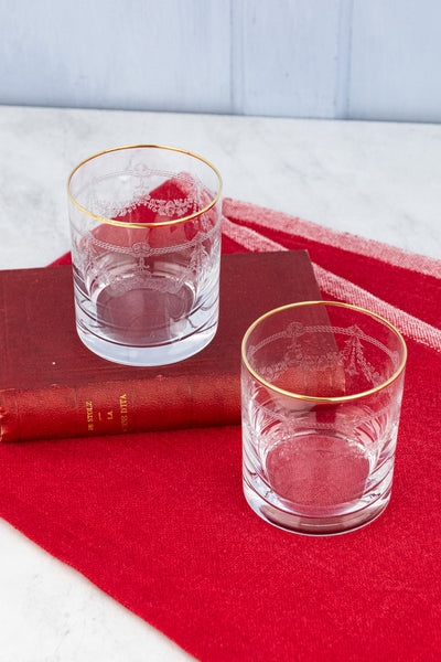 Gold Rim Etched Rocks Glass - Set of 2