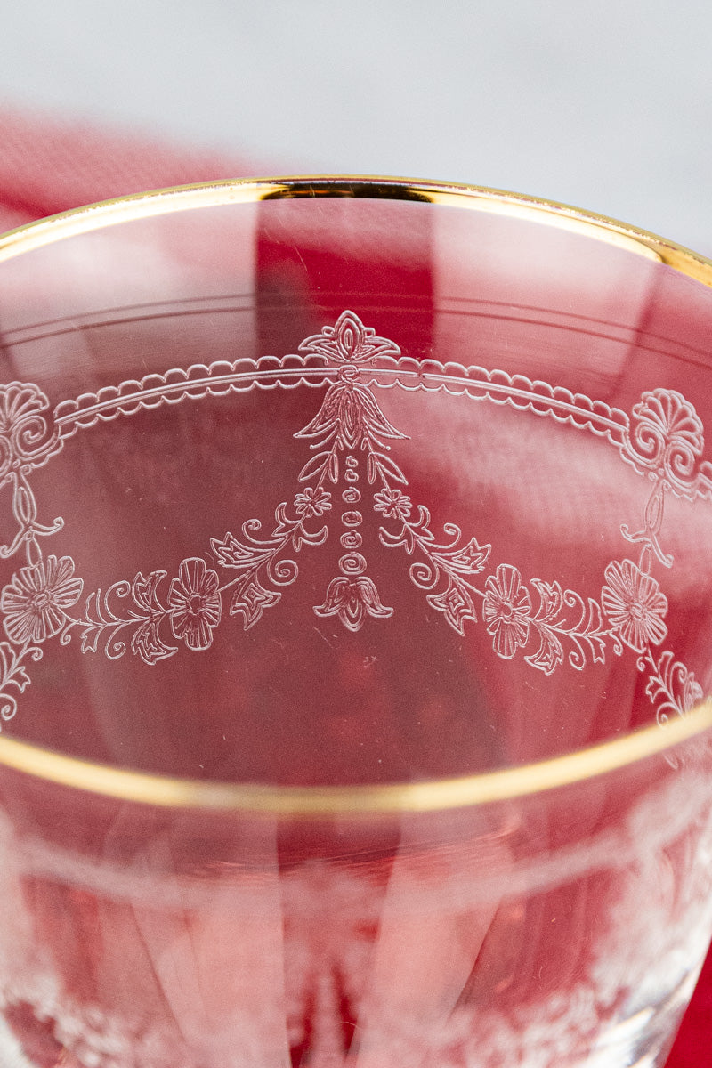 Gold Rim Etched Wine Glass - Set of 2