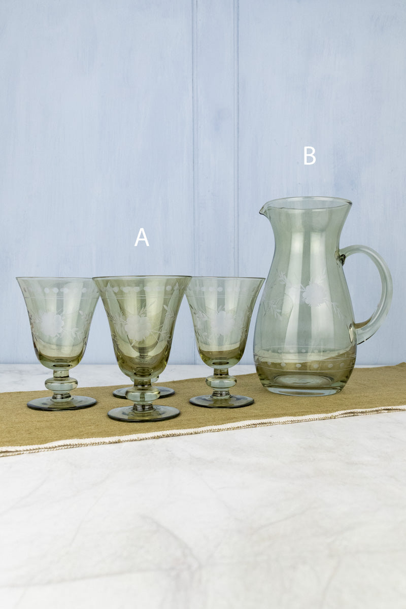 Etched Green Glass Pitcher & Footed Stem Glasses