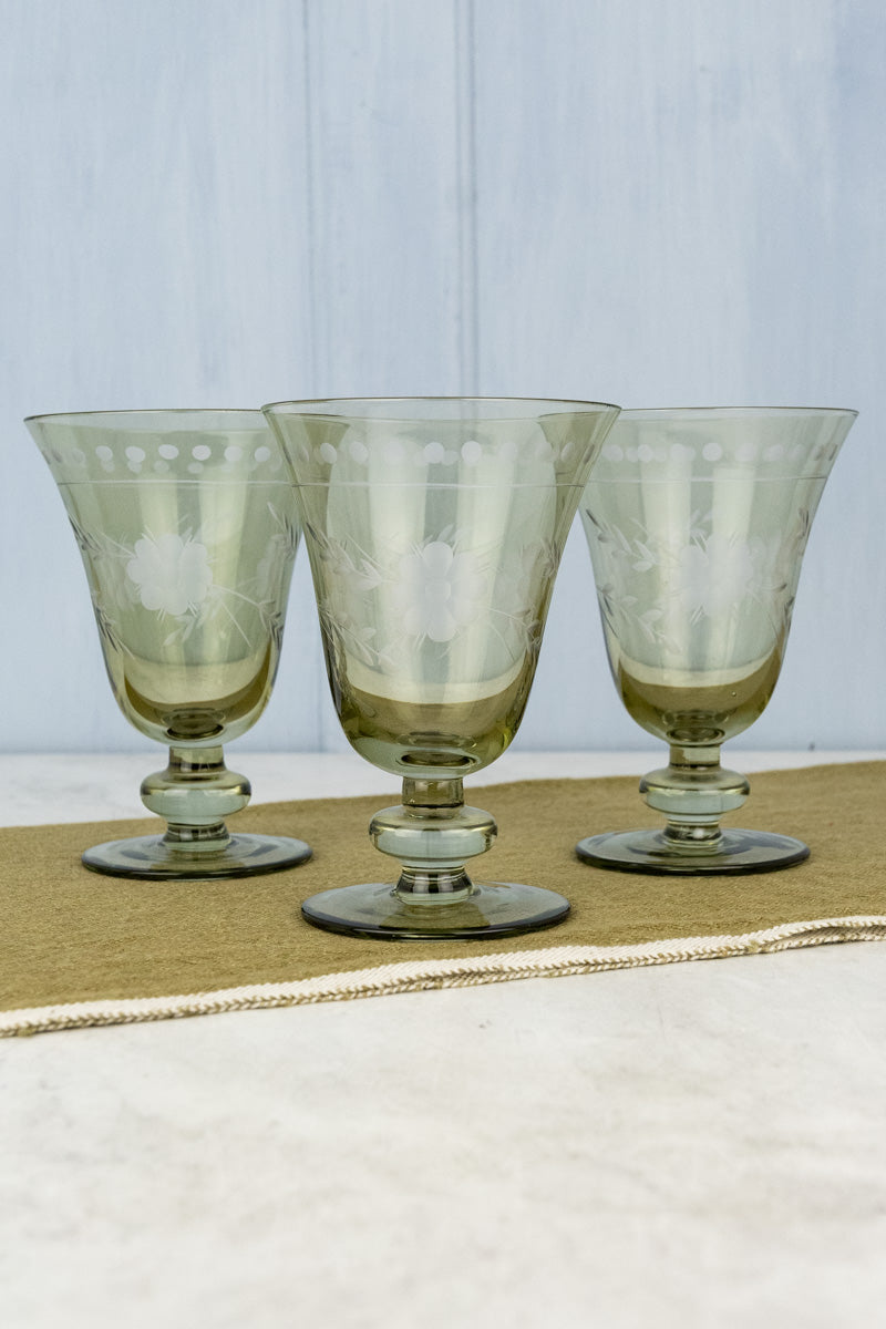 Etched Green Glass Pitcher & Footed Stem Glasses