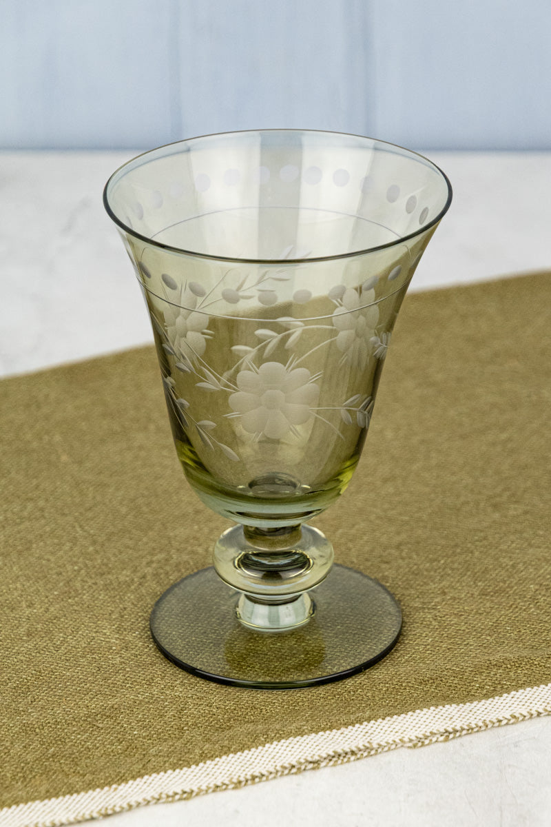 Etched Green Glass Pitcher & Footed Stem Glasses