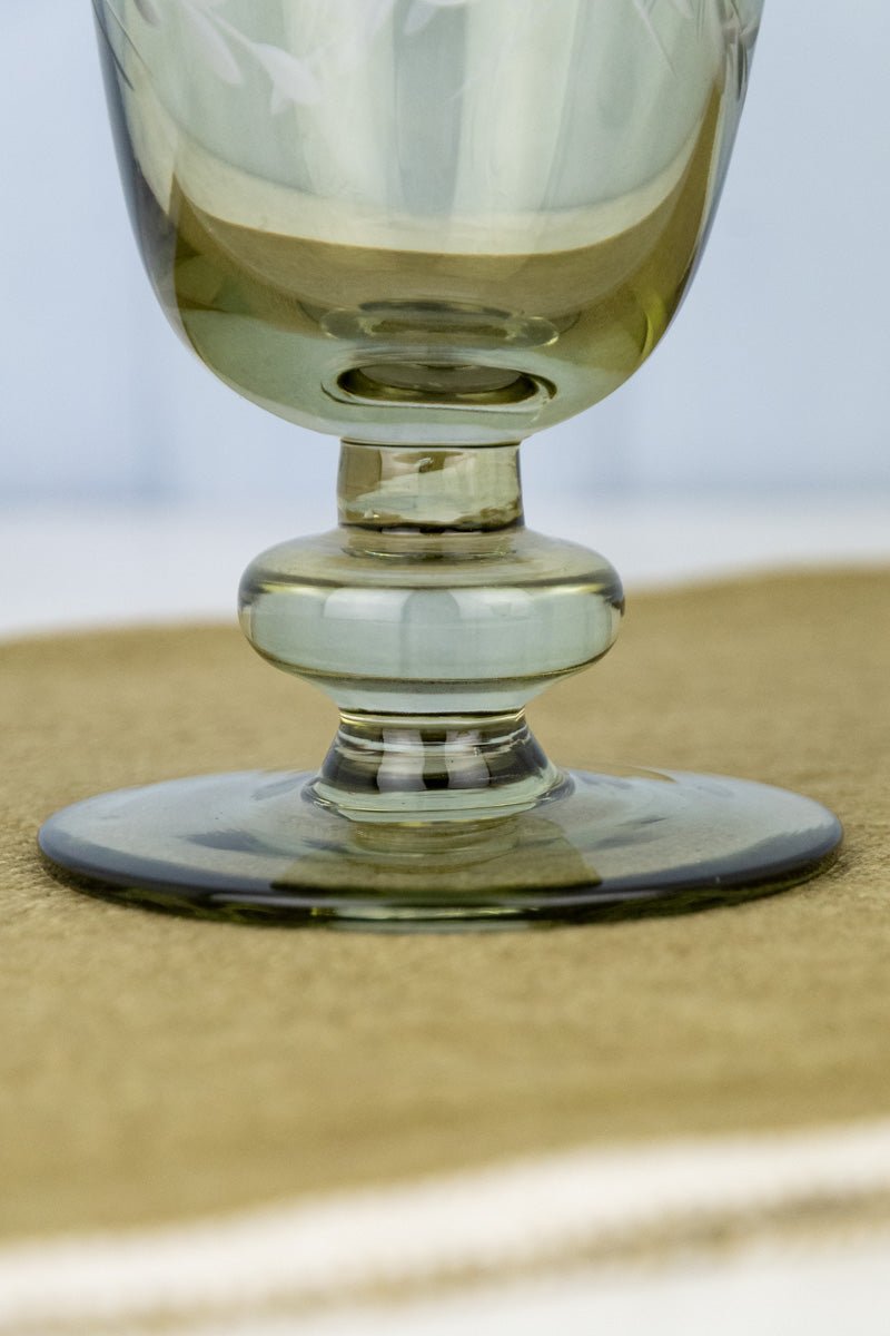 Etched Green Glass Pitcher & Footed Stem Glasses