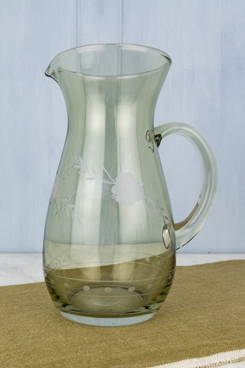 Etched Green Glass Pitcher & Footed Stem Glasses