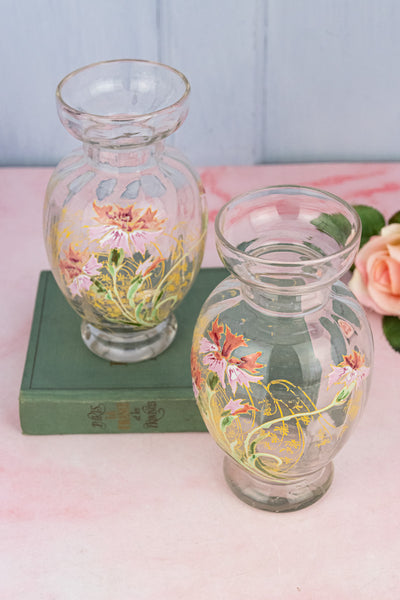 Antique French Enameled Glass Vase Pair