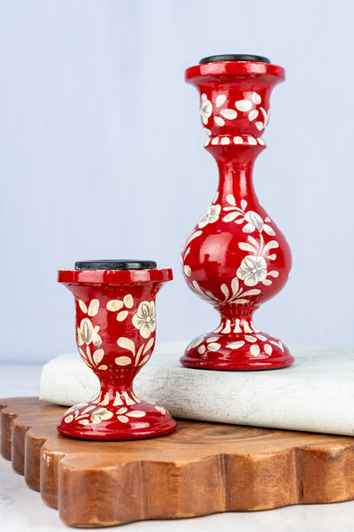 Wood Floral Taper Candle Holder Pair