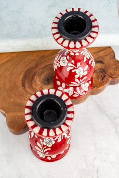 Wood Floral Taper Candle Holder Pair