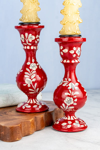 Wood Floral Taper Candle Holder Pair