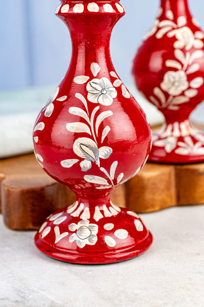 Wood Floral Taper Candle Holder Pair