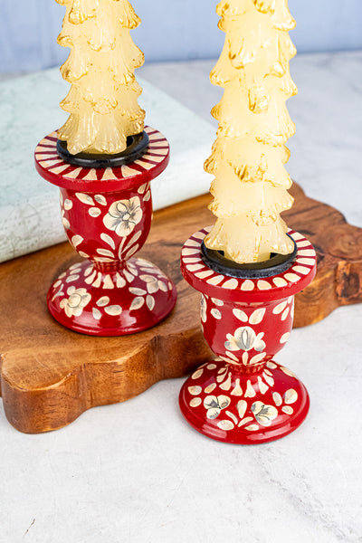 Wood Floral Taper Candle Holder Pair