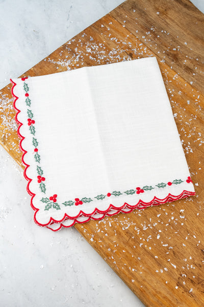 Holly Holiday Embroidered Napkins - Set of 4
