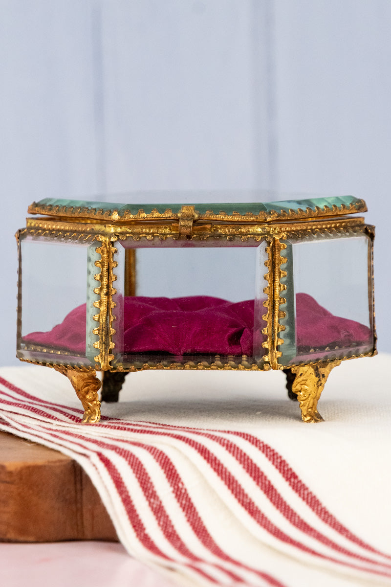 Antique French Brass and Glass Jewelry Box