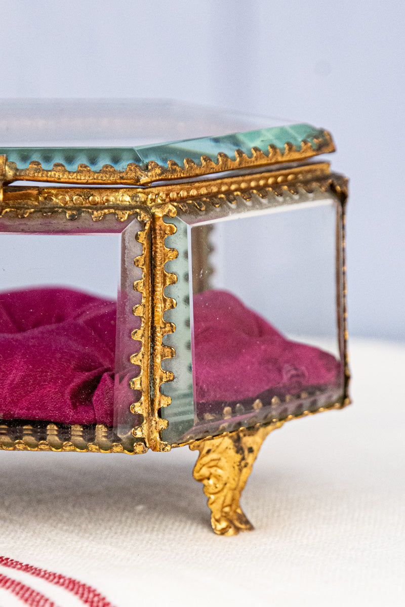 Antique French Brass and Glass Jewelry Box