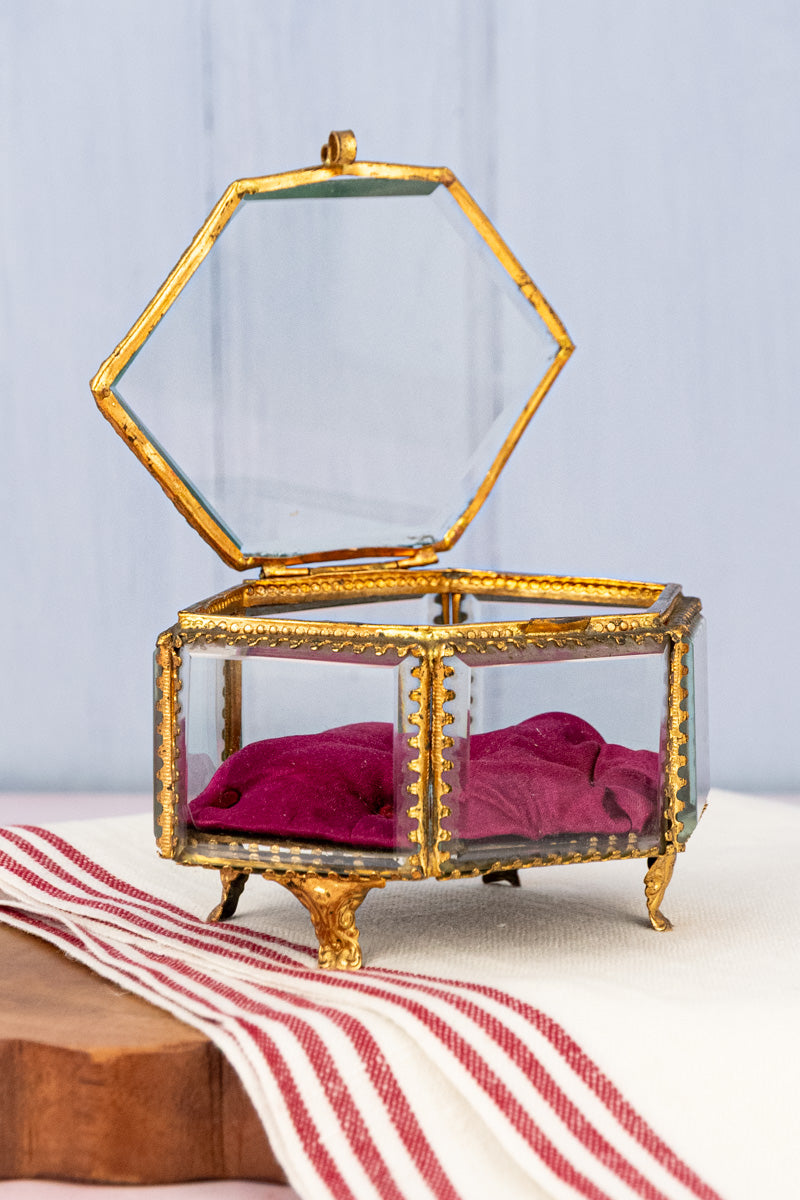 Antique French Brass and Glass Jewelry Box