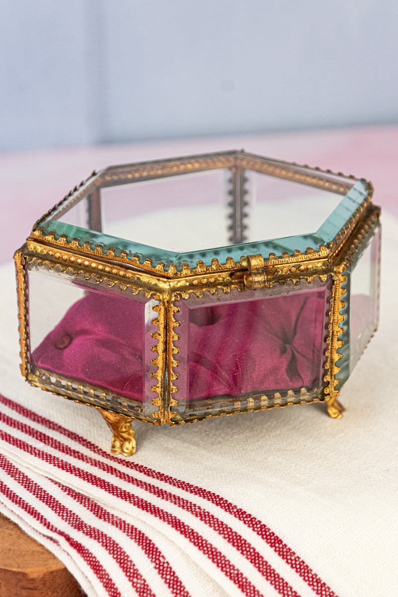 Antique French Brass and Glass Jewelry Box