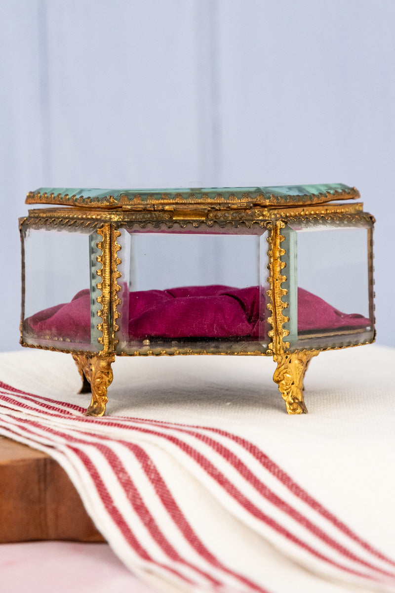 Antique French Brass and Glass Jewelry Box