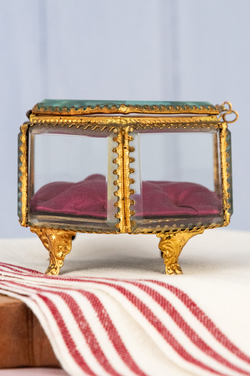 Antique French Brass and Glass Jewelry Box