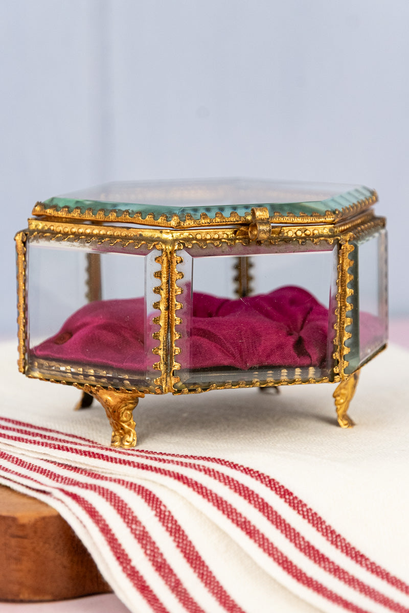 Antique French Brass and Glass Jewelry Box