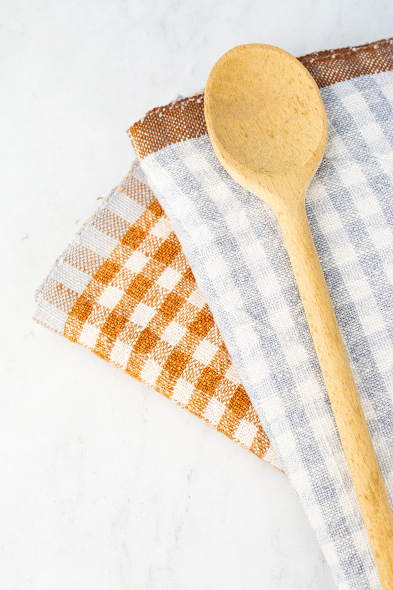 Linen Check Tea Towels - French Gray & Cognac