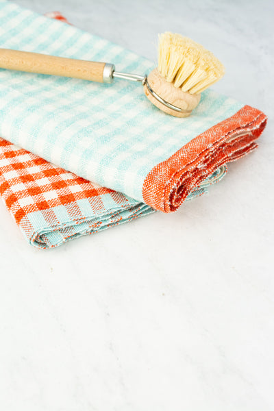 Linen Check Tea Towels - Vermilion & Bleu Celeste