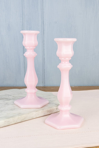 Pink Milk Glass Candlestick Pair