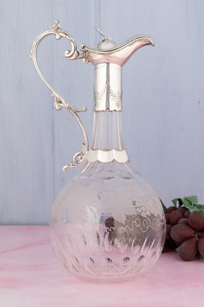 Antique Glass & Silverplate Engraved Wine Jug
