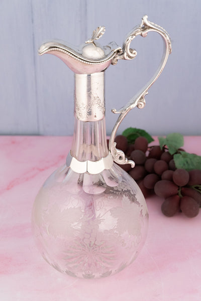 Antique Glass & Silverplate Engraved Wine Jug