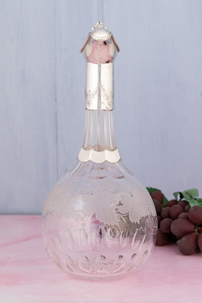 Antique Glass & Silverplate Engraved Wine Jug