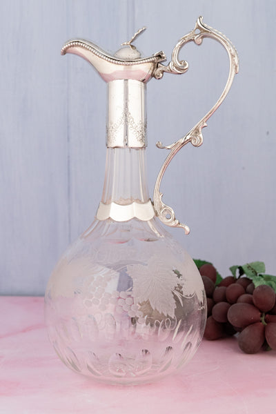 Antique Glass & Silverplate Engraved Wine Jug