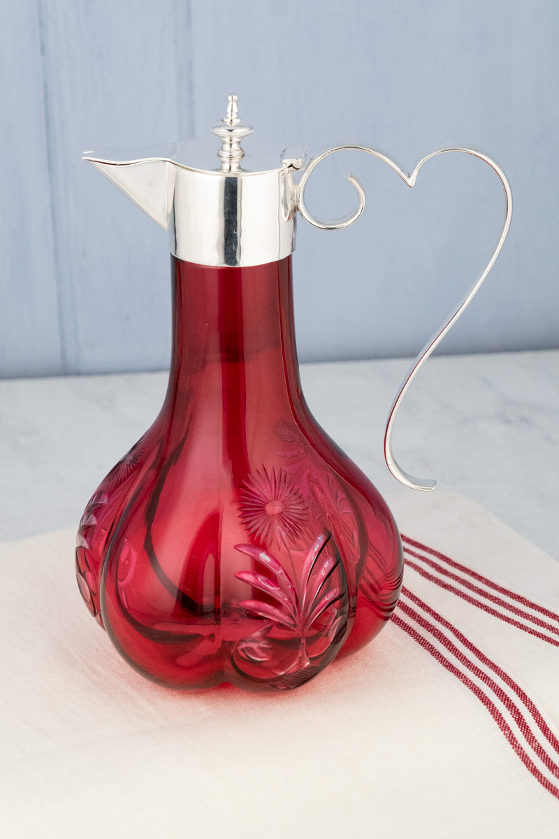 Antique Silverplate & Cranberry Glass Wine Jug
