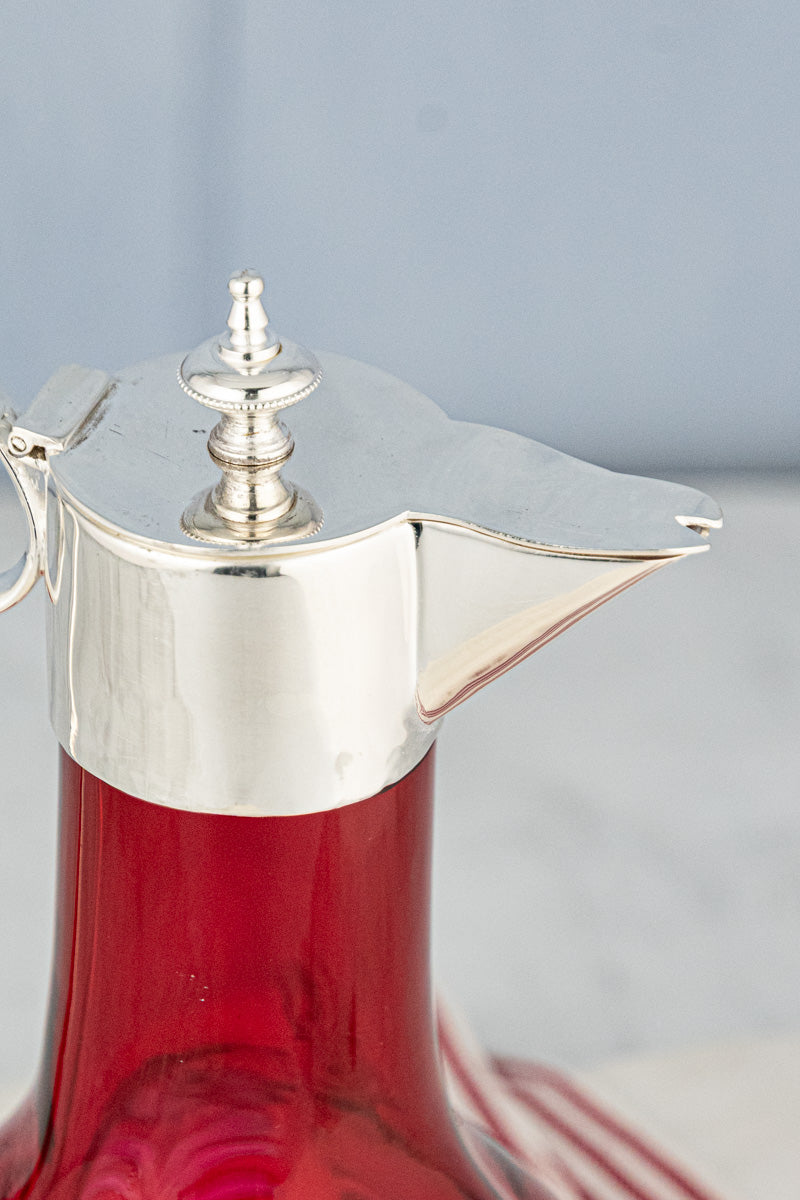 Antique Silverplate & Cranberry Glass Wine Jug