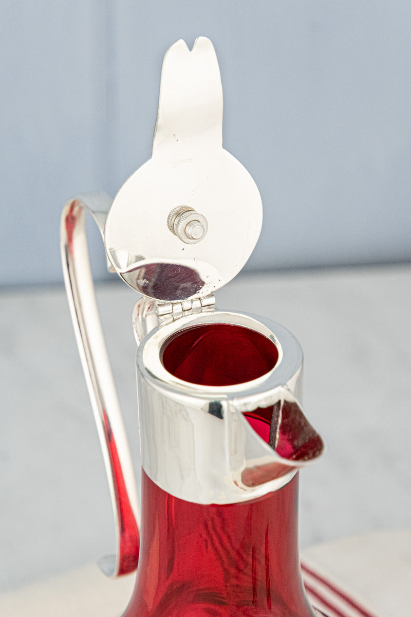 Antique Silverplate & Cranberry Glass Wine Jug