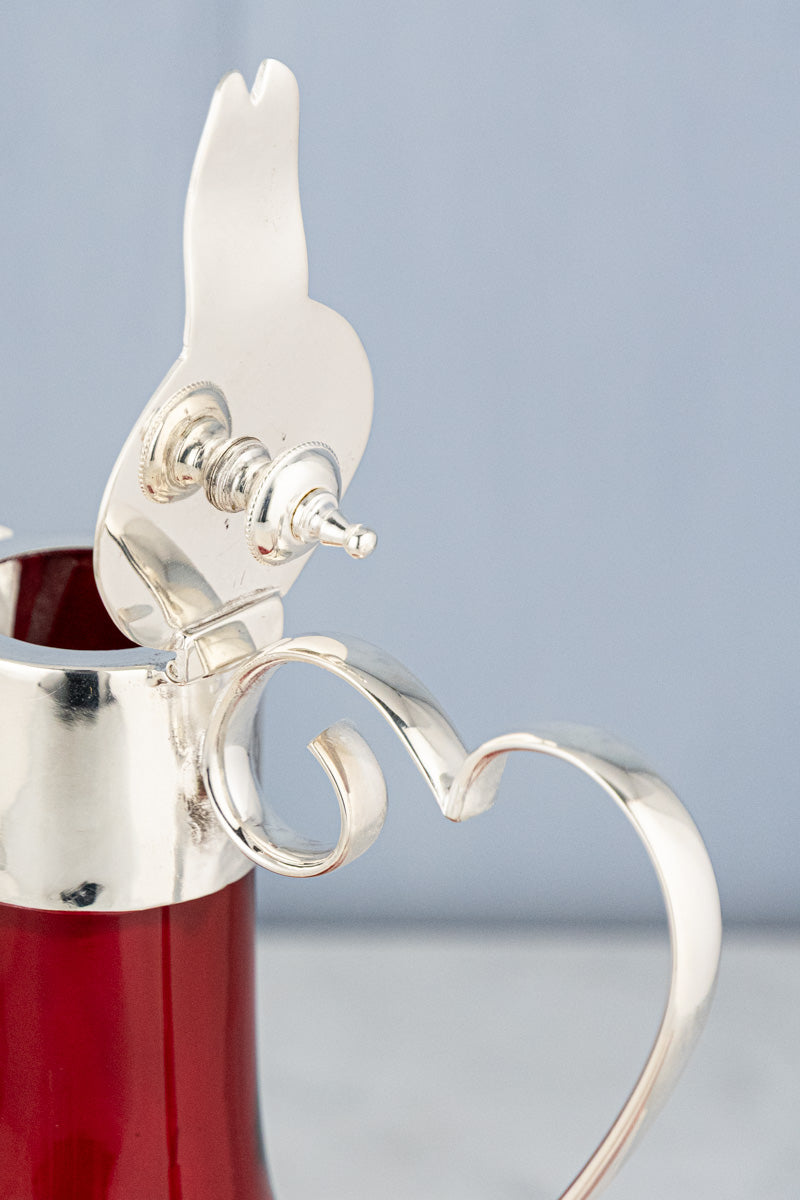 Antique Silverplate & Cranberry Glass Wine Jug