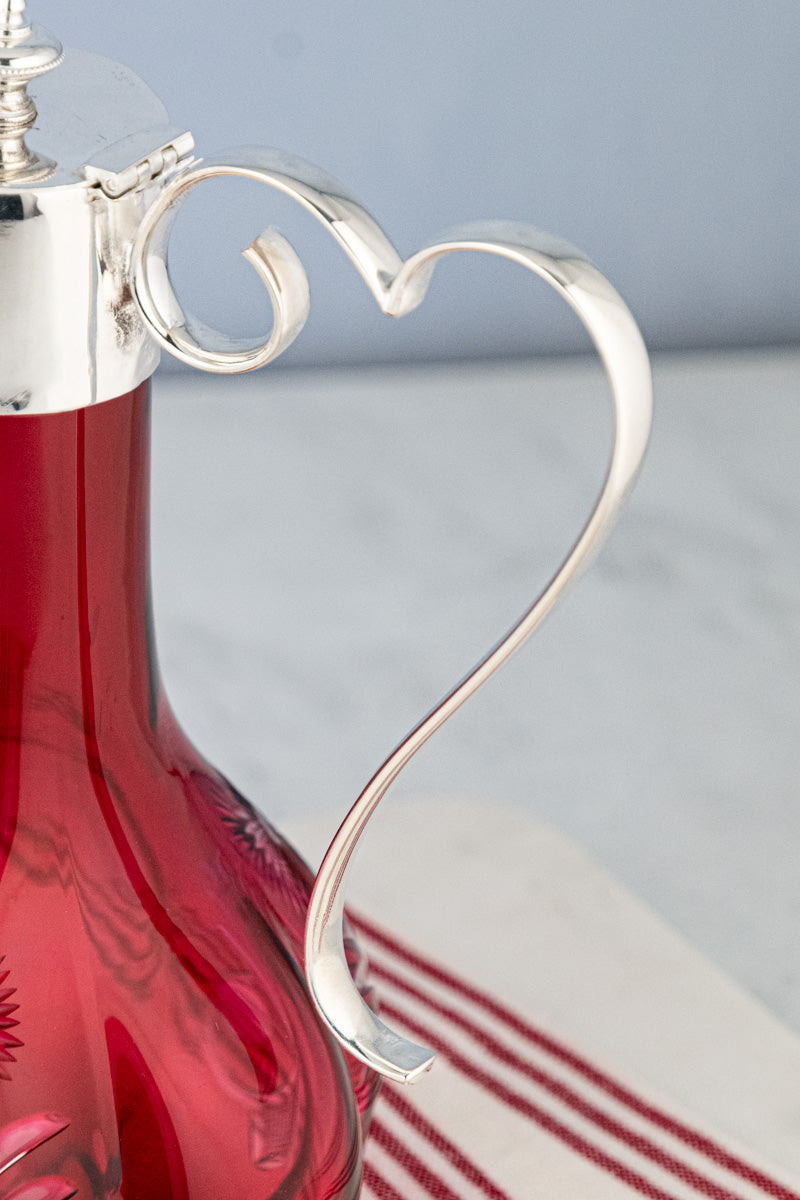 Antique Silverplate & Cranberry Glass Wine Jug