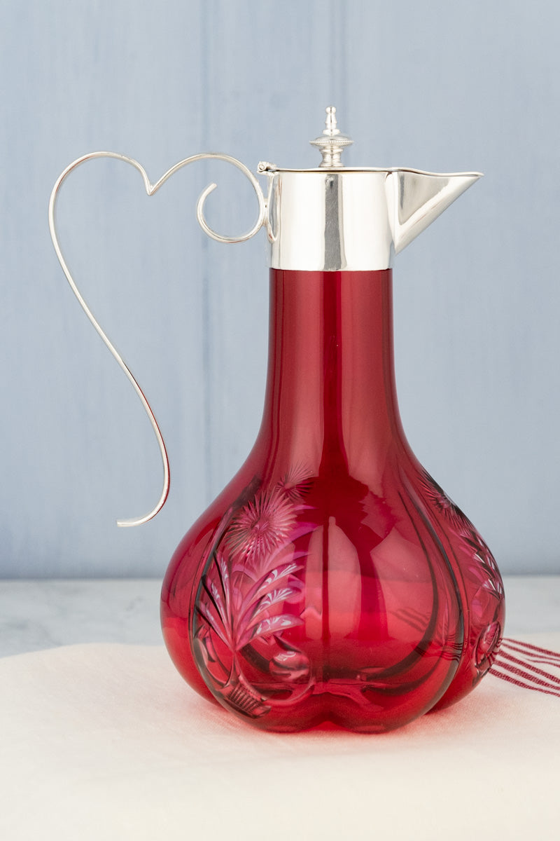 Antique Silverplate & Cranberry Glass Wine Jug