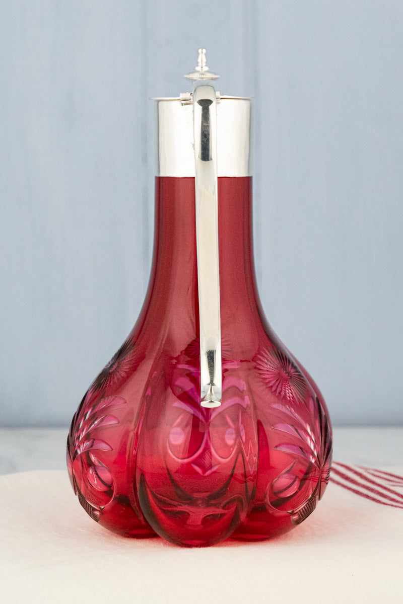 Antique Silverplate & Cranberry Glass Wine Jug