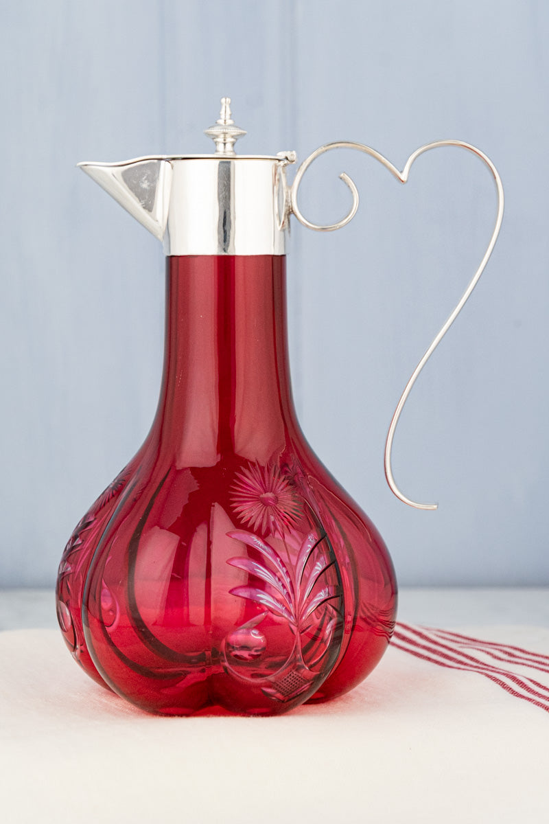 Antique Silverplate & Cranberry Glass Wine Jug