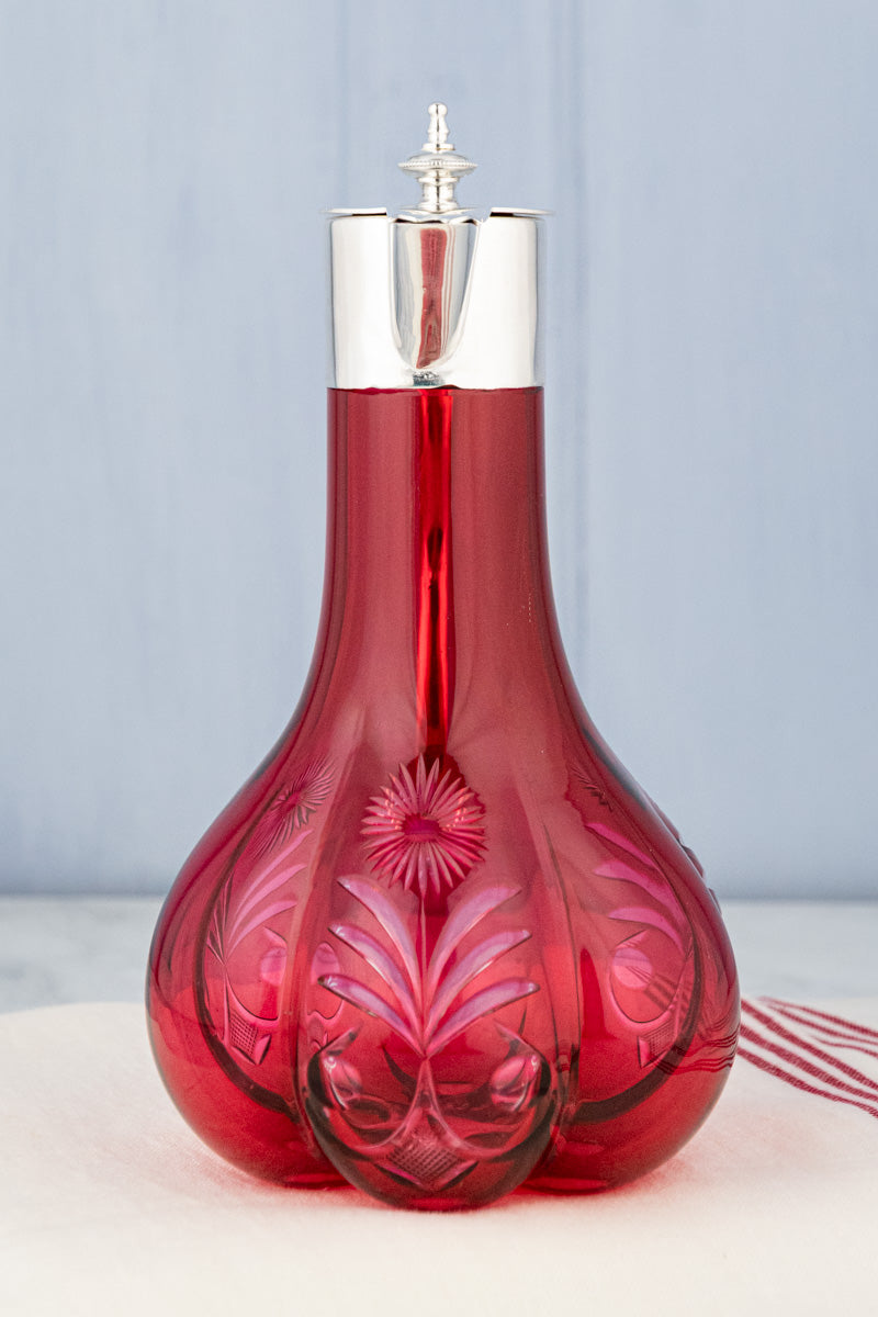 Antique Silverplate & Cranberry Glass Wine Jug