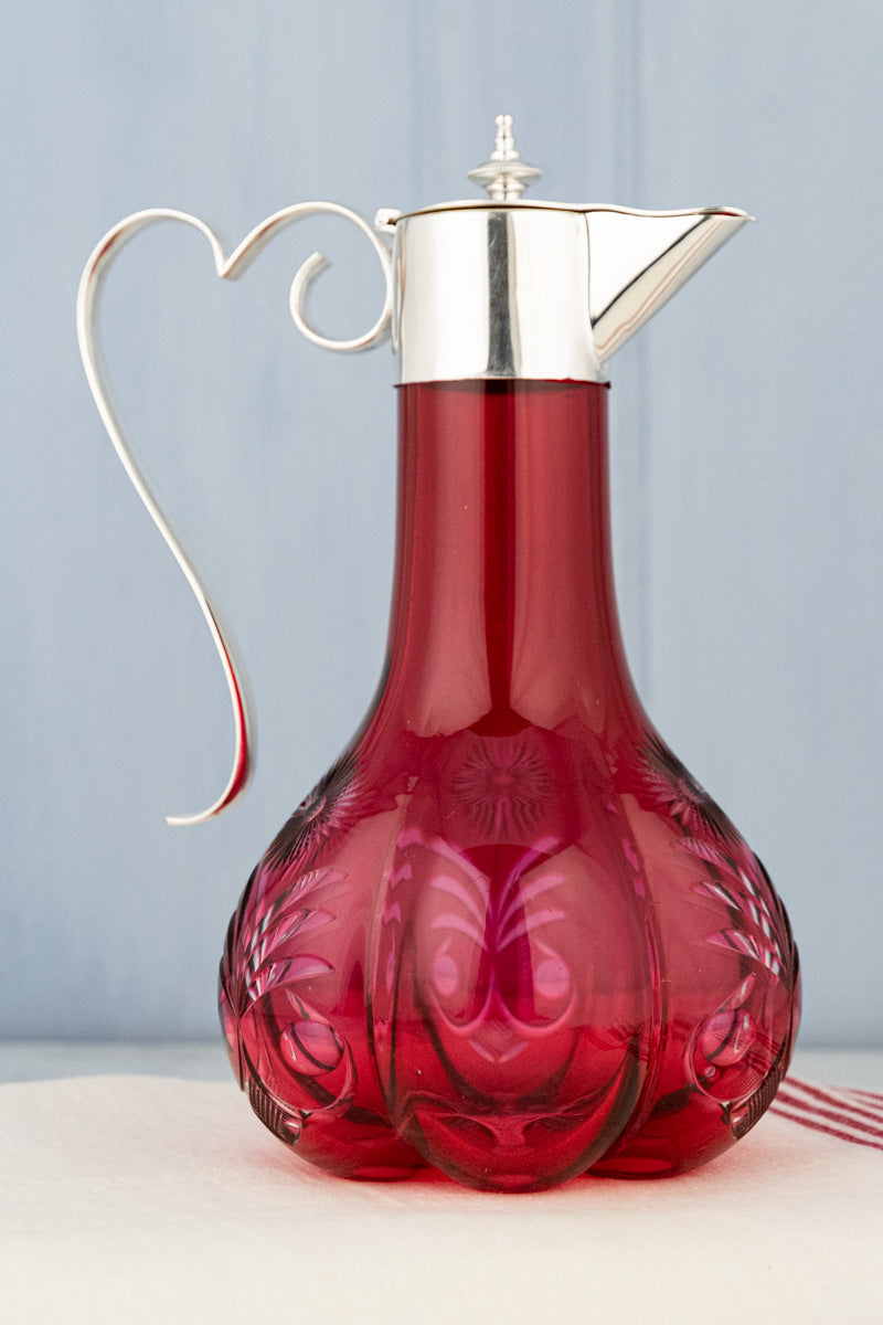 Antique Silverplate & Cranberry Glass Wine Jug