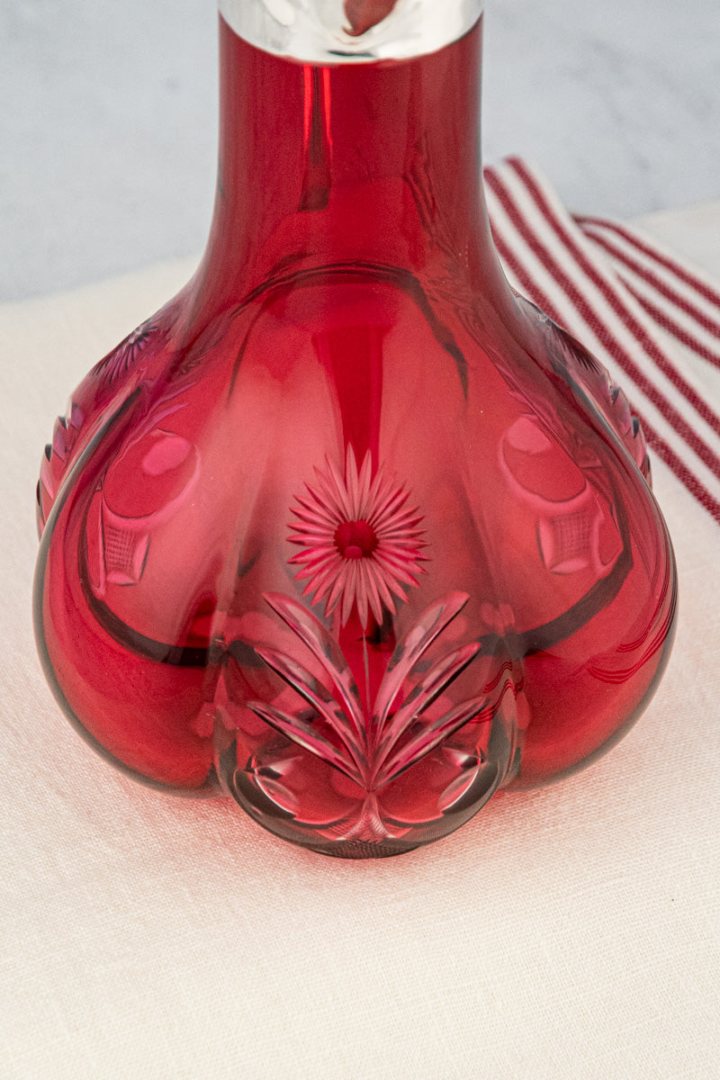 Antique Silverplate & Cranberry Glass Wine Jug