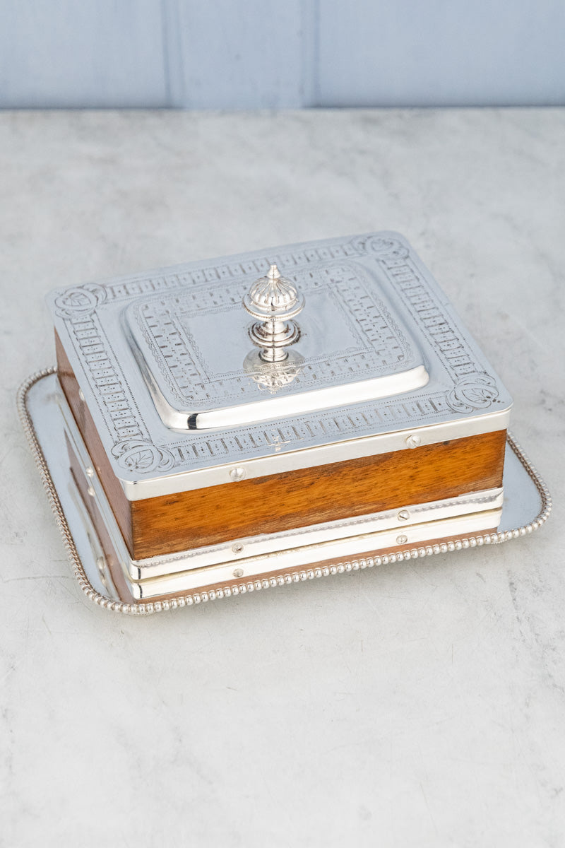 Antique English Oak & Silverplate Sardine Box